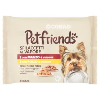 CONAD Petfriends Sfilaccetti al Vapore 2 con Manzo & Verdure, 2 con Pollo & Verdure 4 x 100 g - 8003170075399