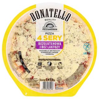 Donatello Pizza 4 sery bezglutenowa i bez laktozy (Mozzarella, ser półtłusty dojrzewający, Cheddar i Emmental) 410 g