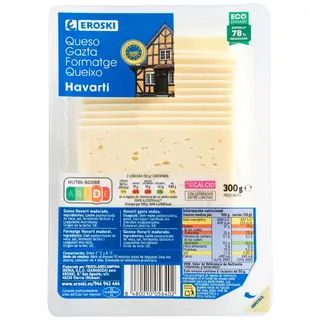 Queso Havarti Eroski, Lonchas, Bandeja 300 Gr. (5978036)