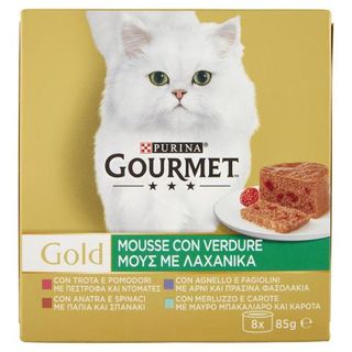 PURINA GOURMET Gold Mousse Verdure TrotaPomAnatraSpinaciAgnelloFagioliniMerluzzoCarote 8x85g