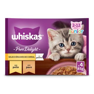 Alimento Para Gatos Junior Aves En Gelatina Whiskas Pure Delight Bolsa 4 X 85 G