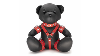 Eddy Skórzany miś z CZERWONYMI skórzanymi akcesoriami