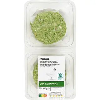 Hamburguesa Pollo Con Espinacas Eroski, 4 Uds., Bandeja 313 G