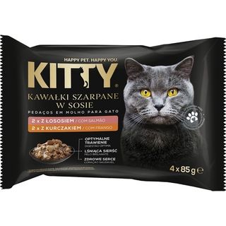 Kitty Karma dla kotów kawałki szarpane w sosie z łososiem/kurczakiem, 4x85 g