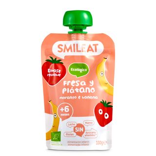 Postre Lácteo Infantil Con Puré De Fresa Y Plátano Smileat Bolsa 100 G