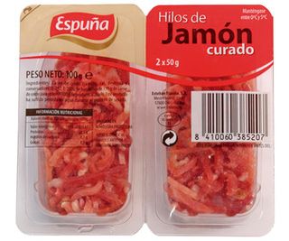 Jamón Curado Cortado en Hilos y Elaborado sin Gluten Espuña 2 X 50 G.