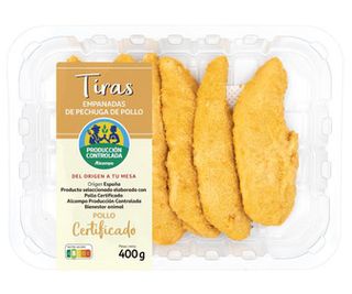 Bandeja con Tiras Empanadas de Pechuga de Pollo Alcampo 400 G.