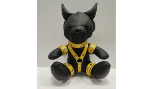 Teddy Devil Skórzany miś z ŻÓŁTYMI skórzanymi akcesoriami