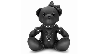 Meddy Skórzany miś z CZARNYMI skórzanymi akcesoriami i kokardką