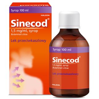 Sinecod syrop na kaszel mokry i suchy dla dzieci +3 lata i dorosłych 1,5 mg/ml butamiratu cytrynianu 100 ml