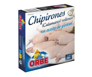 Chipirones (Calamares) Rellenos en Aceite Vegetal Orbe Lata de 168 G.