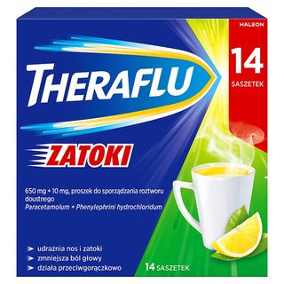 Theraflu Zatoki Lek przeciwbólowy i przeciwgorączkowy na grypę i przeziębienie paracetamol 650 mg + chlorowodorek fenylefryny 10 mg 14 saszetek