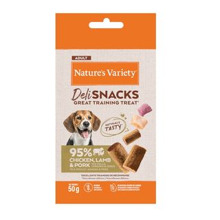 50 g Nature's Variety Bocaditos Deli Snacks Adult Pollo, Cordero y Cerdo para perros