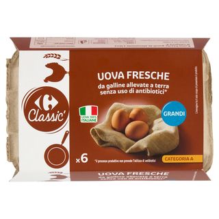 Carrefour Classic Uova Fresche da galline allevate a terra senza uso di antibiotici* Grandi x6