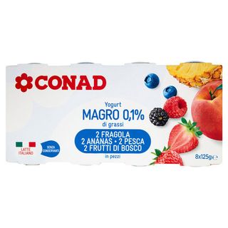 CONAD Yogurt Magro 0,1% di grassi 2 Fragola 2 Ananas 2 Pesca 2 Frutti di Bosco in pezzi 8 x 125 g - 8003170100077