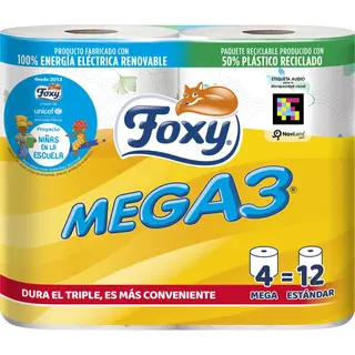 Papel Higiénico Mega 3 Triple Rollo 2 Capas, Paquete 4 Unidades