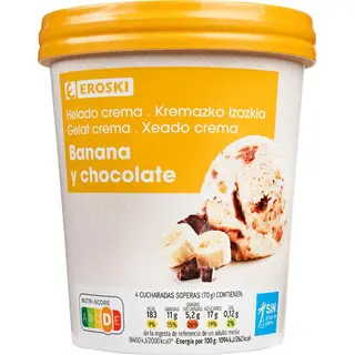 Helado De Plátano Y Chocolate Eroski, Tarrina 500 Ml. (25458951)