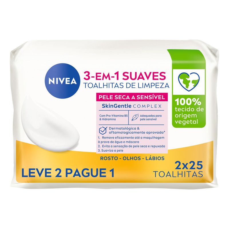 Nivea Toalhitas Limpeza Rosto Suaves Pele Sensível L2P1 25+25un