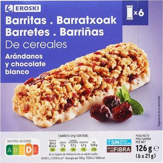 Barritas De Cereal Y Arándanos Eroski, 6 Uds, Caja 126 G