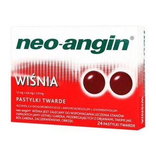 Neo-Angin o smaku wisniowym 1,2 mg + 0,6 mg + 5,9 mg 24 pastyl.
