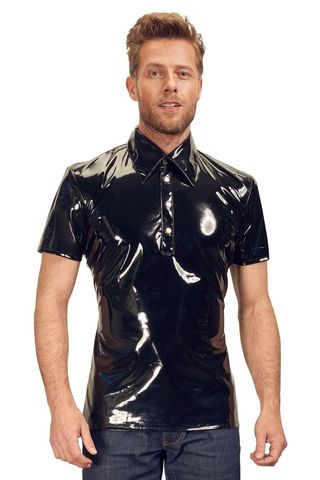 Camasa Latex, pentru barbati, neagra, vinil, maneci scurte, poliester acoperit cu poliuretan