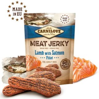 Recompense pentru caini Carnilove Jerky File Miel & Somon 100g