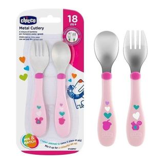 CHICCO MONTE set metalni viljuška i kašika 18m+ girl | 8058664086634