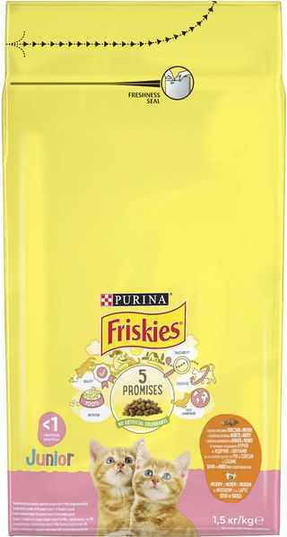 FRISKIES Hrană uscată JUNIOR Complete, cu Pui, Morcov şi bulete cu Lapte 1,5 kg