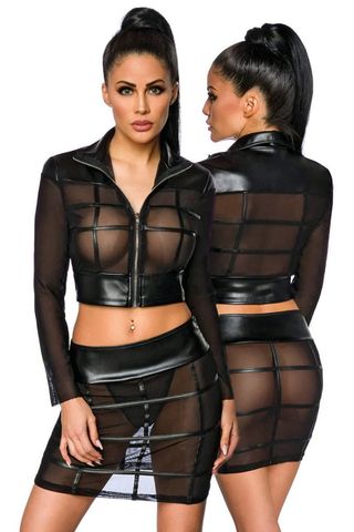 Gogo Set Saresia, cu fusta – Wetlook & Plasa transparenta, 3 piese: jacheta scurta, fusta mini si tanga