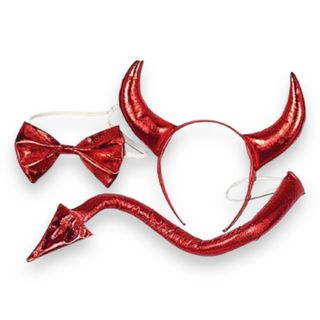 Set Halloween Kinky Pleasure, Devil Kit, 3 Piese, Rosu Metalic - Bentita, Papion, Codita