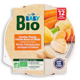 Mancare Bebelusi 12 Luni Cu Morcov, Pastarnac Si Curcan Carrefour Baby Bio, 230G
