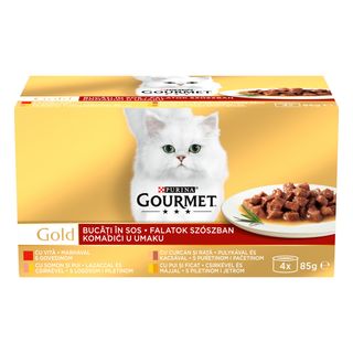 Gourmet Gold Cu Vita/Curcan&Rata/Somon&Pui/Pui&Ficat, Bucati De Carne In Sos, Hrana Umeda Pentru Pisici, 4X85G