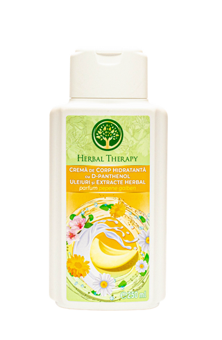 Cremă de corp hidratantă cu D-panthenol, uleiuri și extracte herbal, cu parfum de pepene galben