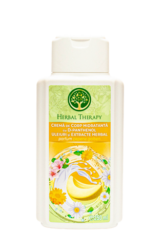 Cremă de corp hidratantă cu D-panthenol, uleiuri și extracte herbal, cu parfum de pepene galben