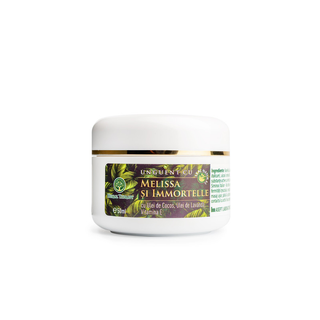 Unguent cu Melissa și Immortelle (cu  extract de melissa și immortelle, vaselină, ceară de albini, ulei de cocos, ulei de lavanda și Vitamina E)