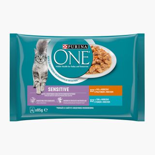 Purina One, Hrană umedă pentru pisici, 4x85g, One Sensitive Multipack cu pui/ton și morcovi