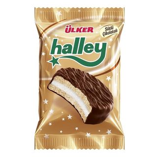 Biscuiti sandwich cu bezea si invelis de ciocolata cu lapte Ulker Halley, 30 g