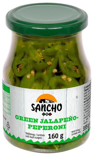 Sancho Ardei Jalapeño, verzi, iuti, taiati rondele, in saramura 335 g