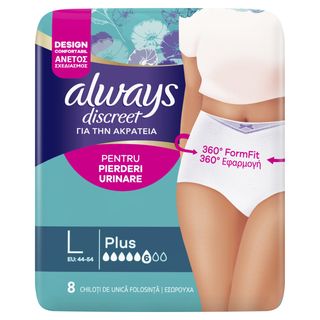 Chiloti pentru incontinenta urinara Always Discreet Plus 6 picaturi, Marimea L, 8 buc