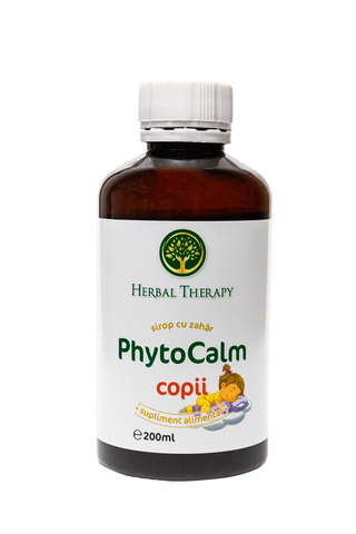 Sirop PhytoCalm Copii (Extract de Măceș, Sunătoare, Valeriană, Mentă, Tei, Roiniță, Păducel, Melatonină)