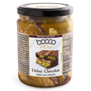 Inghetata Dubai de ciocolata si fistic cu taitei cataif, sos de fistic si sos de crema de cacao 500ml