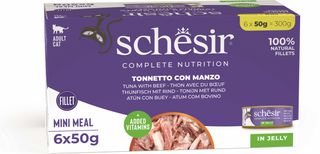 SCHESIR Pachet conserve pentru pisici, cu Ton şi Vită, în jeleu 6x50g