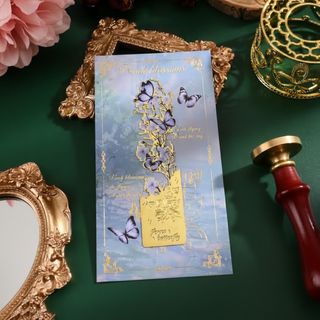 Umjetnički metalni obilježivač za knjige sa motivom plavih cvjetova breskve i ljubičastih leptira