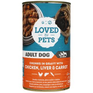 Loved by Pets, Bucati cu pui, ficat si morcovi, in sos, pentru caini adulti de toate rasele 1240g (ID 68098)