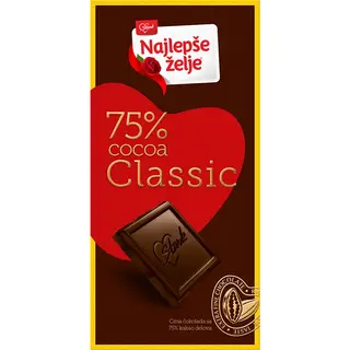 Najlepše Želje Čokolada Crna 75% Kakao 75g