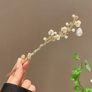 Zlatni metalni štapić za kosu sa bisernim cvjetovima i detaljem kapi