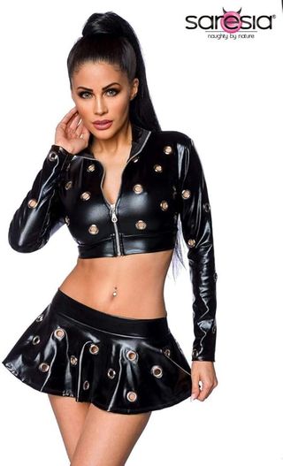 Set jacheta si fusta cu decupaje Saresia, Wetlook, Negru