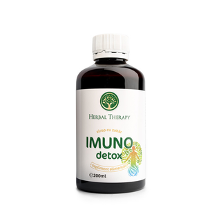Sirop IMUNO Detox (Extract de Măceș, Brusture, Gălbenele, Coada-șoricelului, Păpădie, Pelin, Rostopască, Rozmarin, Siminoc, Urzică, Ceai-verde, Coada-Calului, Porumb, Mușețel, Mărar)