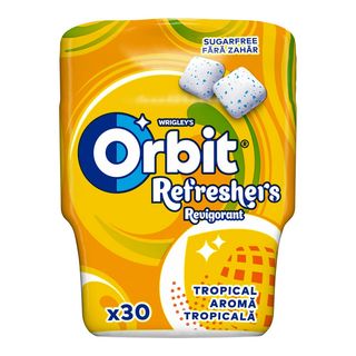 Guma de mestecat fara zahar cu indulcitori si arome de fructe Orbit Refreshers Tropical, 30 bucati, 67g