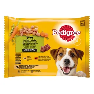 Pedigree Hrana Umeda Pentru Caini Adulti, Selectie Mixta Cu Legume In Sos Cu Pui Si Vita 4 X 100 G